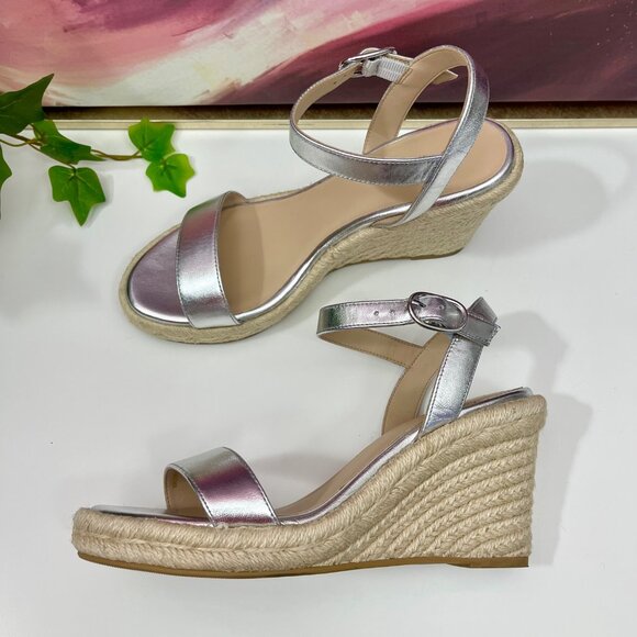 Stuart Weitzman Teddi Espadrille Leather Wedge Sandal in Silver Size 6 - Picture 7 of 10